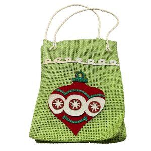 Green Burlap Gift Bag With Red Holiday Ornament Design Christmas 8x5" READ